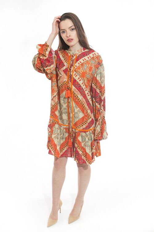 Robe tunique mi-longue orange avec pompons à imprimé bohème avec LUREX