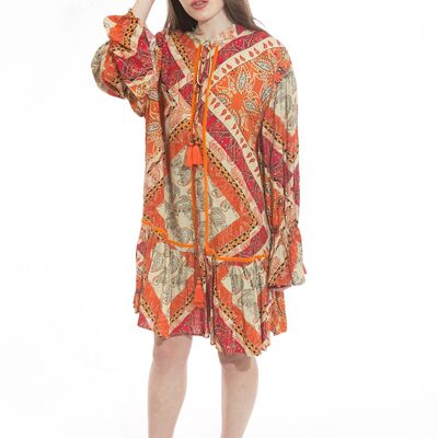 Orange mid-length tunic dress with bohemian print pompoms with LUREX