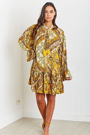 Robe tunique jaune mi-longue avec pompons à imprimé bohème avec LUREX 5