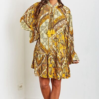 Mid-length yellow tunic dress with bohemian print pompoms with LUREX