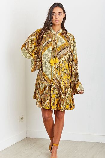 Robe tunique jaune mi-longue avec pompons à imprimé bohème avec LUREX 1