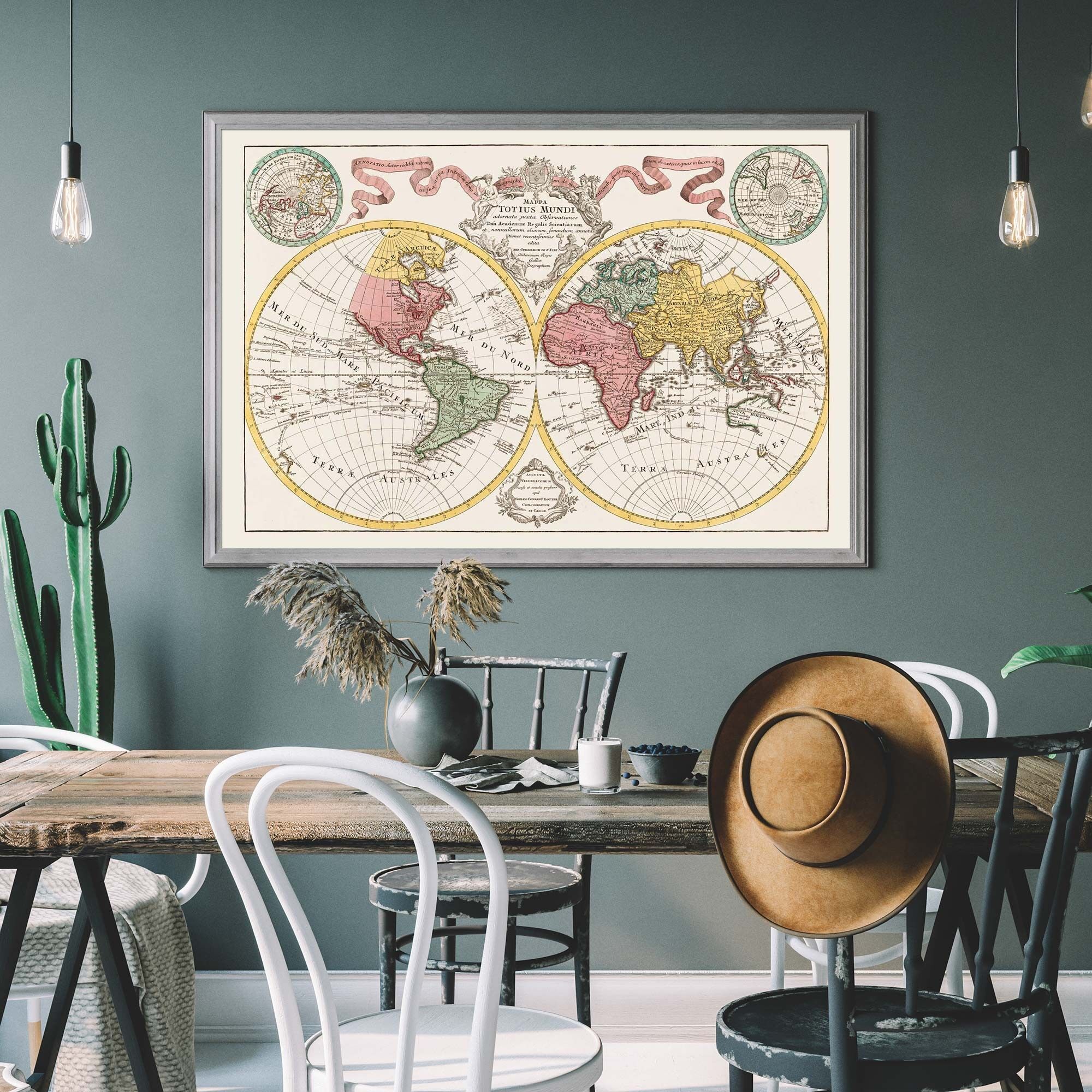 Hand Coloured Double Hemisphere World Map