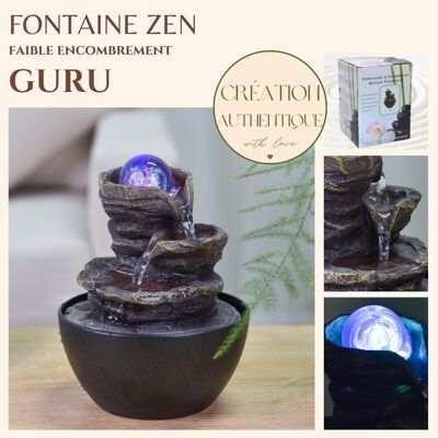Zimmerbrunnen – Guru – entspannender Zen-Wasserfall – Zen und entspannende Heimdekoration – farbiges LED-Licht – kleine Größe
