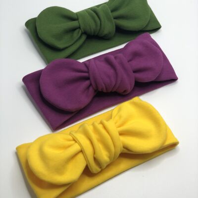 Bandeau à cheveux - ensemble de bandes à nœuds (3 pièces) vert, violet, jaune