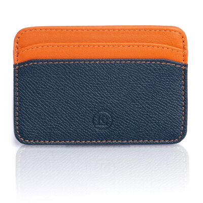 Men's and Women's Credit Card Holder in Italian Luxury Leather: Epsom Calfskin and Nappa Lambskin - Leather goods with RFID contactless Anti-Hacking Protection function - color: Navy and Orange