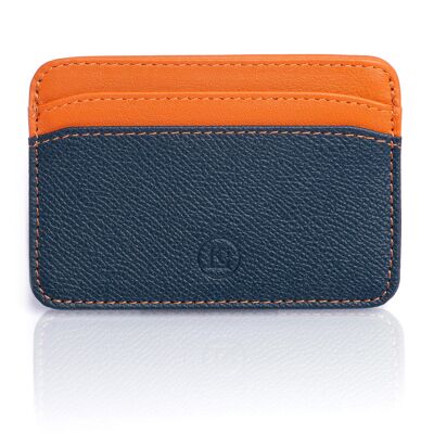 Porte Carte Bancaire Homme et Femme en Cuir de Luxe Italien : Veau Epsom et Agneau Nappa - Maroquinerie avec fonction de Protection Anti Piratage sans contact RFID - couleur : Marine et Orange