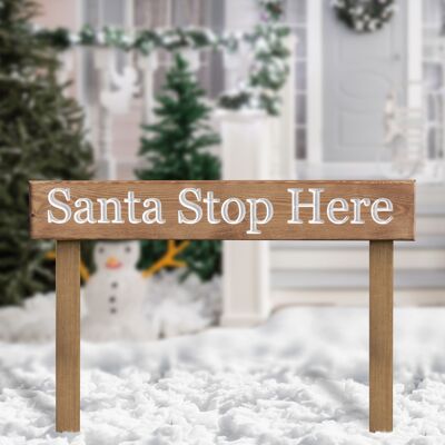 Graviertes Weihnachtsschild aus Holz 60 cm mit Pfosten - "Santa Stop Here"