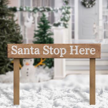 Panneau de Noël en Bois Gravé 60cm avec Poteaux - "Santa Stop Here" 1