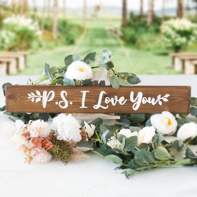Plaque de Mariage en Bois Gravée 60cm - "PS I Love You"
