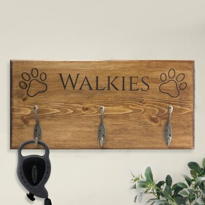 Porte-laisse en bois gravé pour chien - "Walkies"
