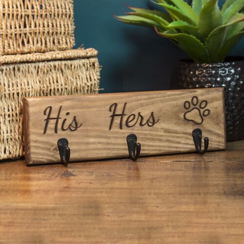 Engraved Wooden Keys & Dog Lead Holder - "His/Hers/Paw Print"