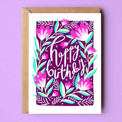 Carte recyclée de fleurs violettes de joyeux anniversaire