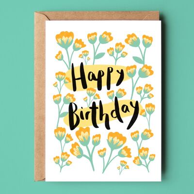 Happy Birthday Orange Florals Recycled Card