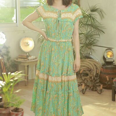 Long light green tied dress, bohemian print, cinched at the waist with cap sleeve