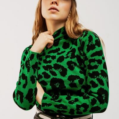 Pull en maille à col roulé à imprimé léopard vert