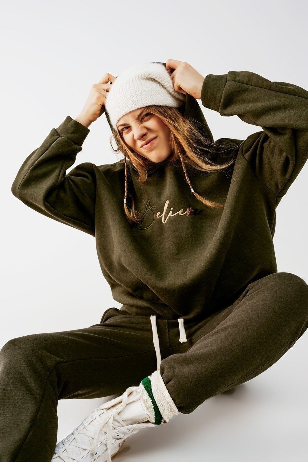 Believe felpa con cappuccio oversize color kaki