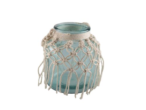 Vase en verre vert d'eau macrame h.16.5cm