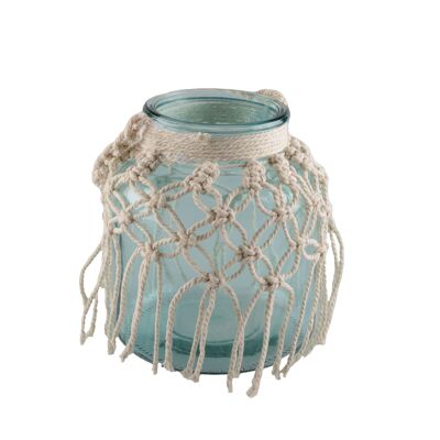 Vase en verre vert d'eau macrame h.16.5cm