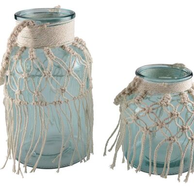 Vase en verre vert d'eau macrame h.26cm