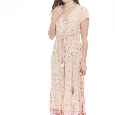 Nude long dress with floral print buttoned front with slit and tassels