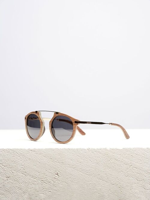 Dzukou Santa Monica - Wooden Sunglasses Women - Polarized Sunglasses - Bamboo Wood with Gold Frame - Sunglasses Women - UV400 - Gray Lens