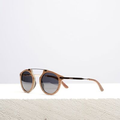 Dzukou Santa Monica - Occhiali da sole in legno da donna - Occhiali da sole polarizzati - Legno di bambù con montatura dorata - Occhiali da sole da donna - UV400 - Lenti grigie