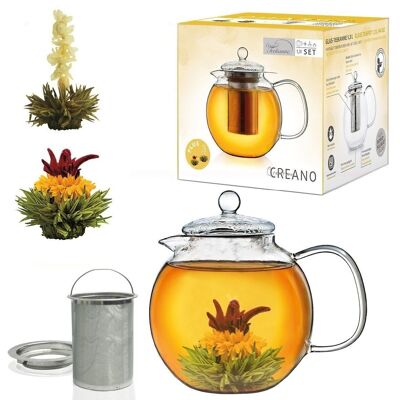 Creano glass teapot 1.3l, 3-part glass teapot with two tea balls ErbloomTee white tea