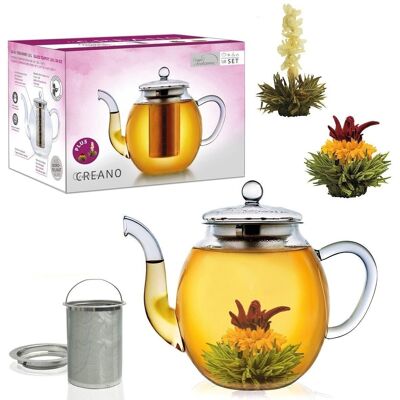 Creano glass teapot 1.0l, 3-part glass teapot with two tea balls ErbloomTee white tea