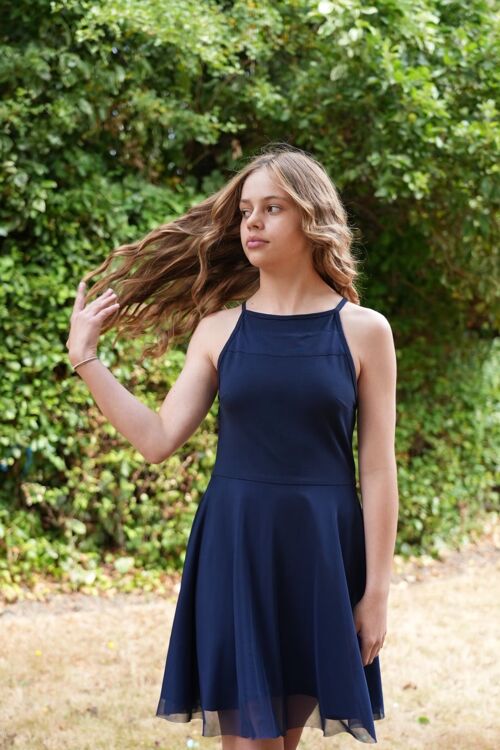 The Nessya Party Dress in Navy Jersey & Mesh