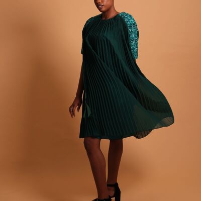 Mittellanges, plissiertes grünes Kleid – Plume