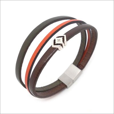 Bracelet homme 3 liens cuir kaki, orange, marron et bijou ethnique