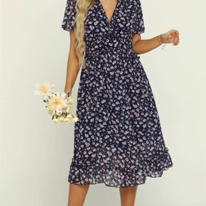 Robe mi-longue en mousseline de soie à col en V et manches ange à imprimé floral bleu marine