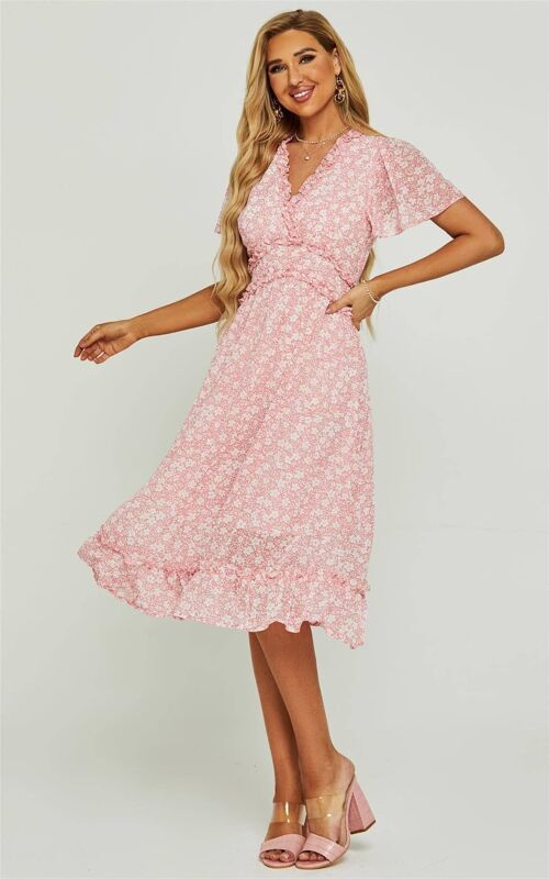 Angel Sleeve Frill Detail V Neck Midi Dress In Pink Flora Print