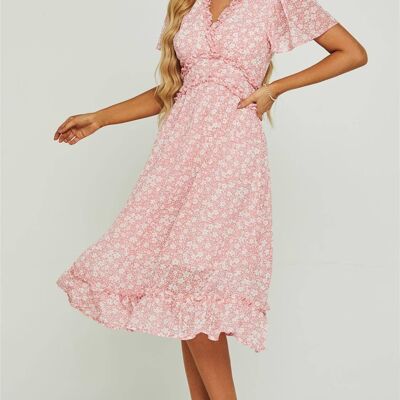 Angel Sleeve Frill Detail V Neck Midi Dress In Pink Flora Print