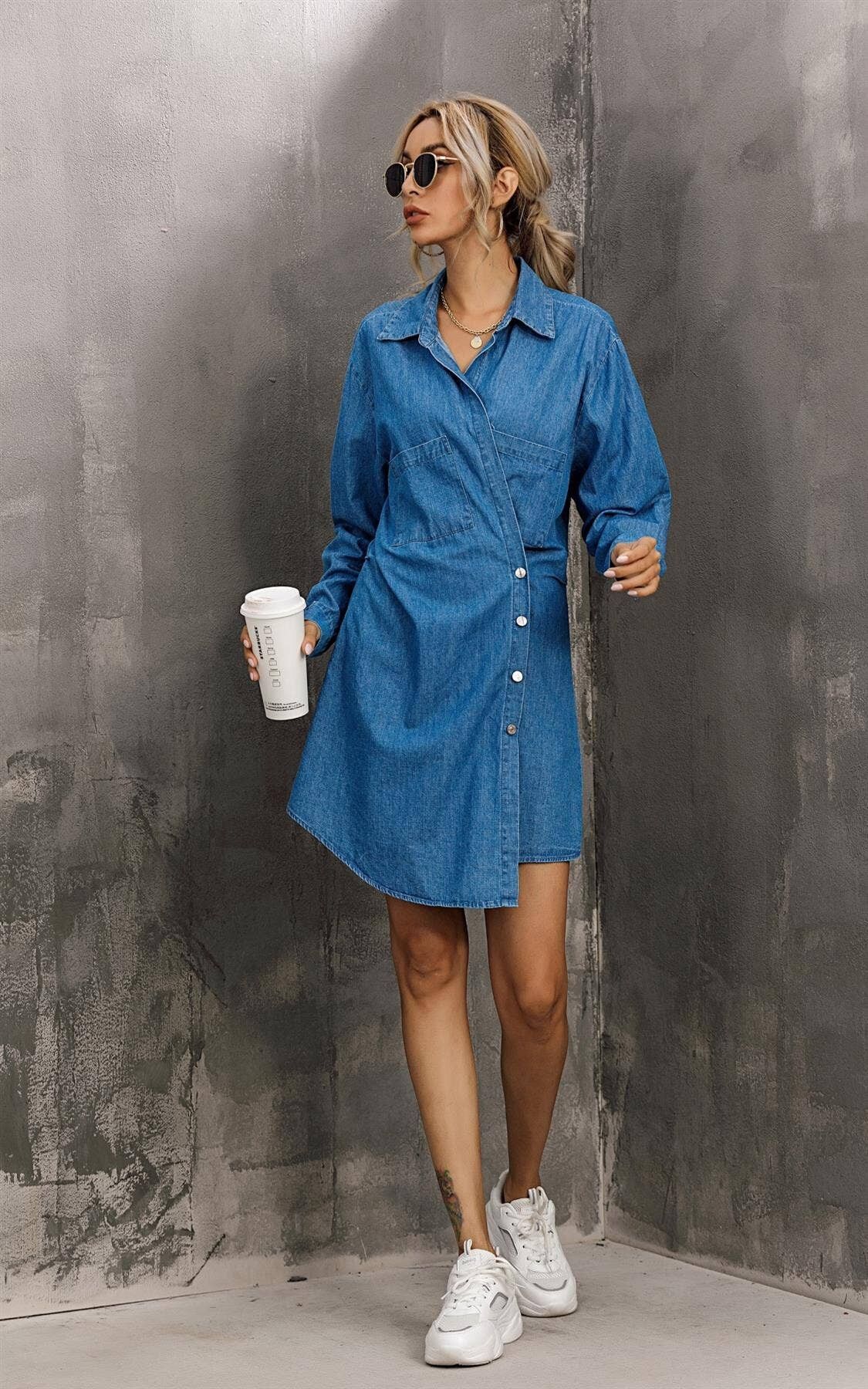 Mini robe chemise asym trique en jean