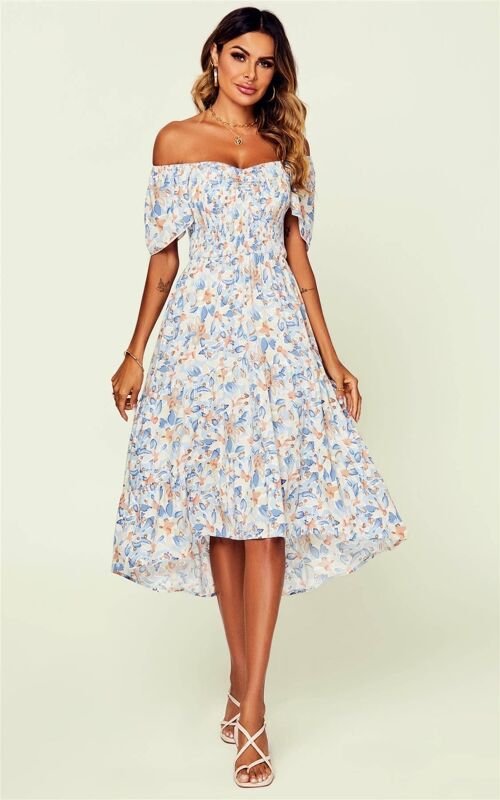 Bardot Angel Sleeve Elasticated Detail Midi Dress In White & Blue Floral Print