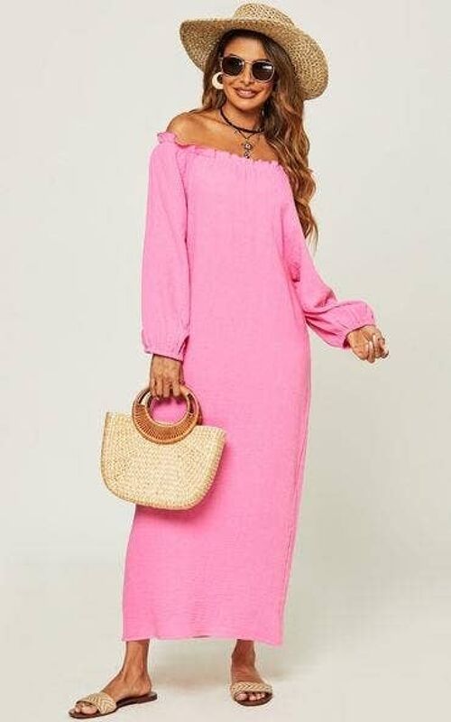 Bardot Frill Detail Off Shoulder Maxi Dress In Pink