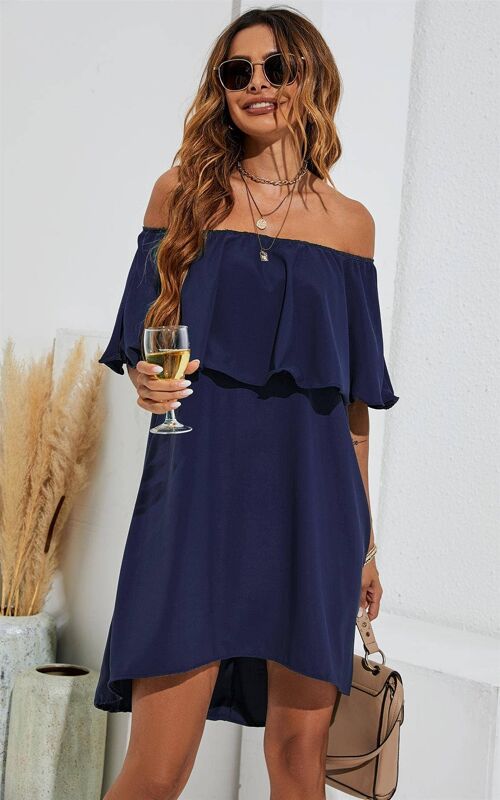 Bardot Frill Off Shoulder Mini Dress In Navy