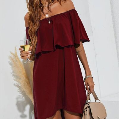 Bardot Frill Off Shoulder Mini Dress In Wine Red