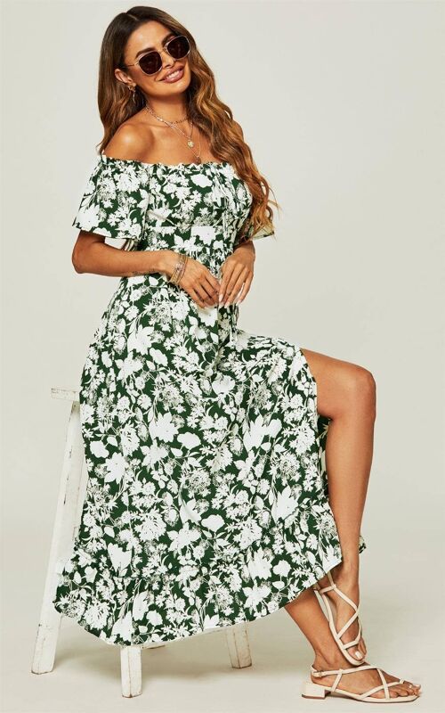 Bardot Hem Frill Slept Leg Maxi Dress In Green