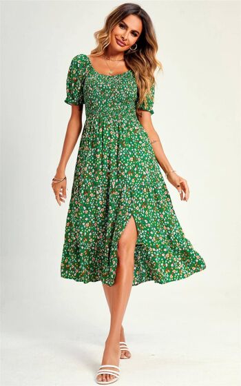 Robe mi-longue Bardot à manches bouffantes et détail élastiqué à imprimé floral vert 4