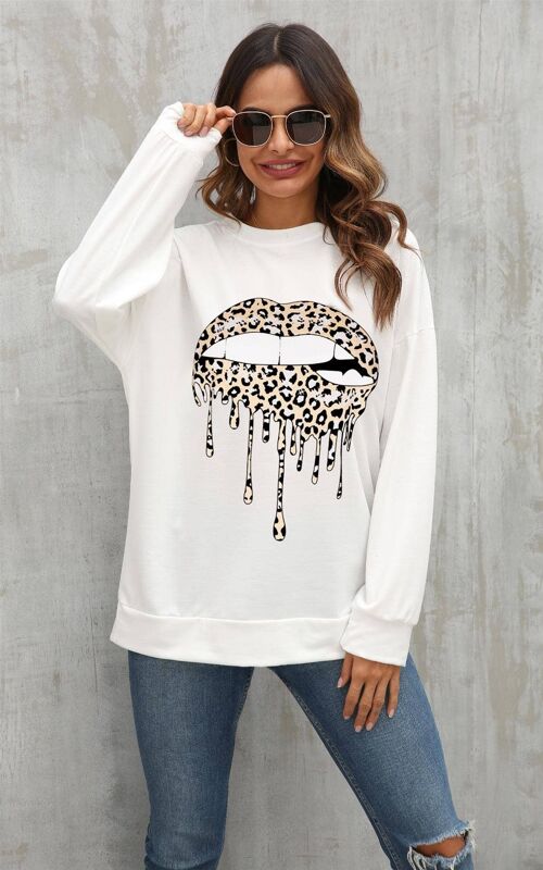 Beige & Black Leopard Print Lips White Sweatshirt