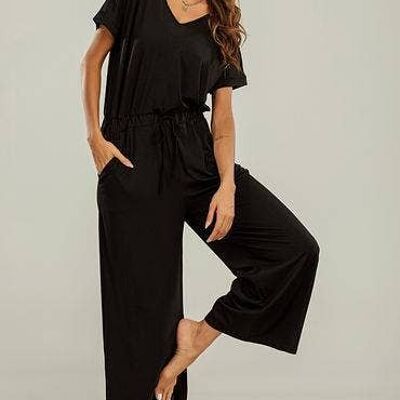 Black Loungewear Loose Jumpsuit With Short Sleeve