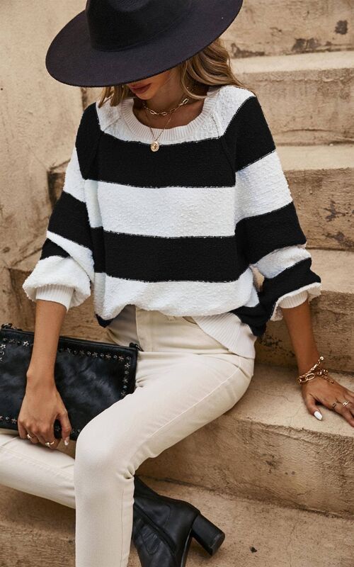 Black Stripe Relaxed Knit Jumper Top In White