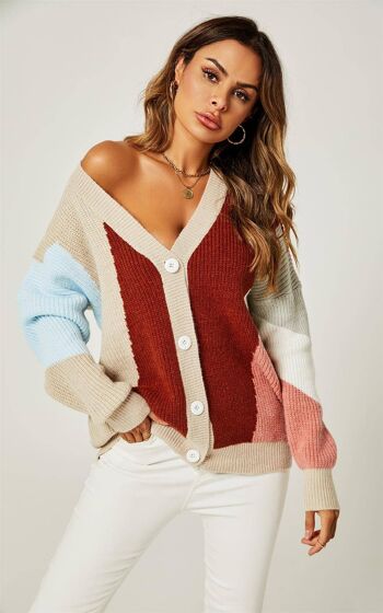 Haut cardigan décontracté en tricot de couleur unie en beige, bleu, vin, blanc et pêche 2