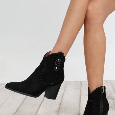 Block Heel Pointed Toe Suedette Ankle Boots In Easy Black