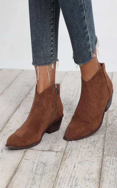 Block Heel Pointed Toe Suedette Ankle Boots In Tan