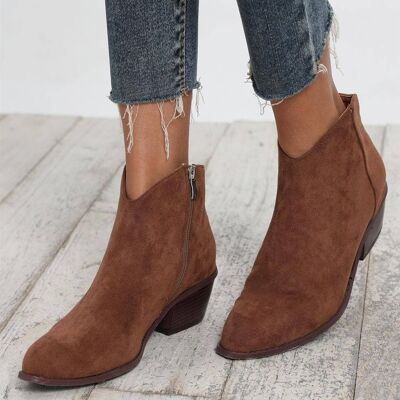 Block Heel Pointed Toe Suedette Ankle Boots In Tan