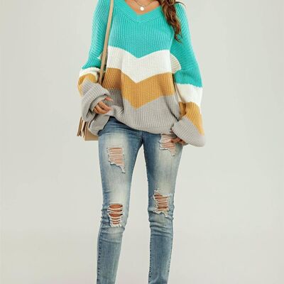 Blue & Gray Color Block Jumper White & Golden Striped Long Sleeve Top