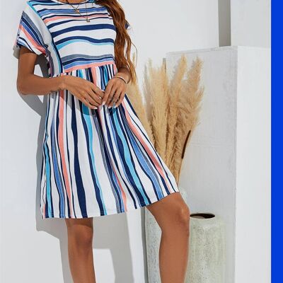 Blue Pink Stripe Print Short Sleeve Relaxed Smock Dress In White